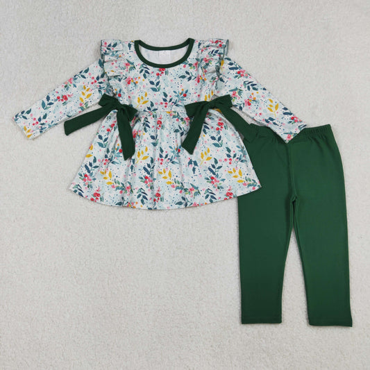 RTS NO MOQ（In Stock) 3/6M-5/6T GLP2476 Leaf Green Bow Lace Long Sleeve Trouser Set