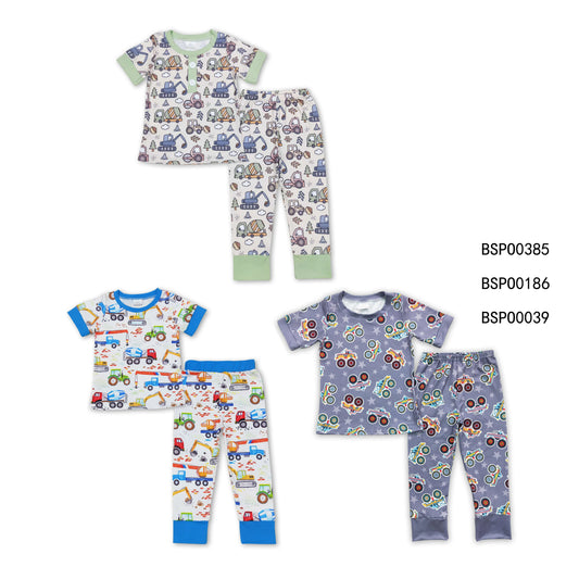 RTS NO MOQ Baby Boys Construction Truck Print Short Sleeve Trousers Set