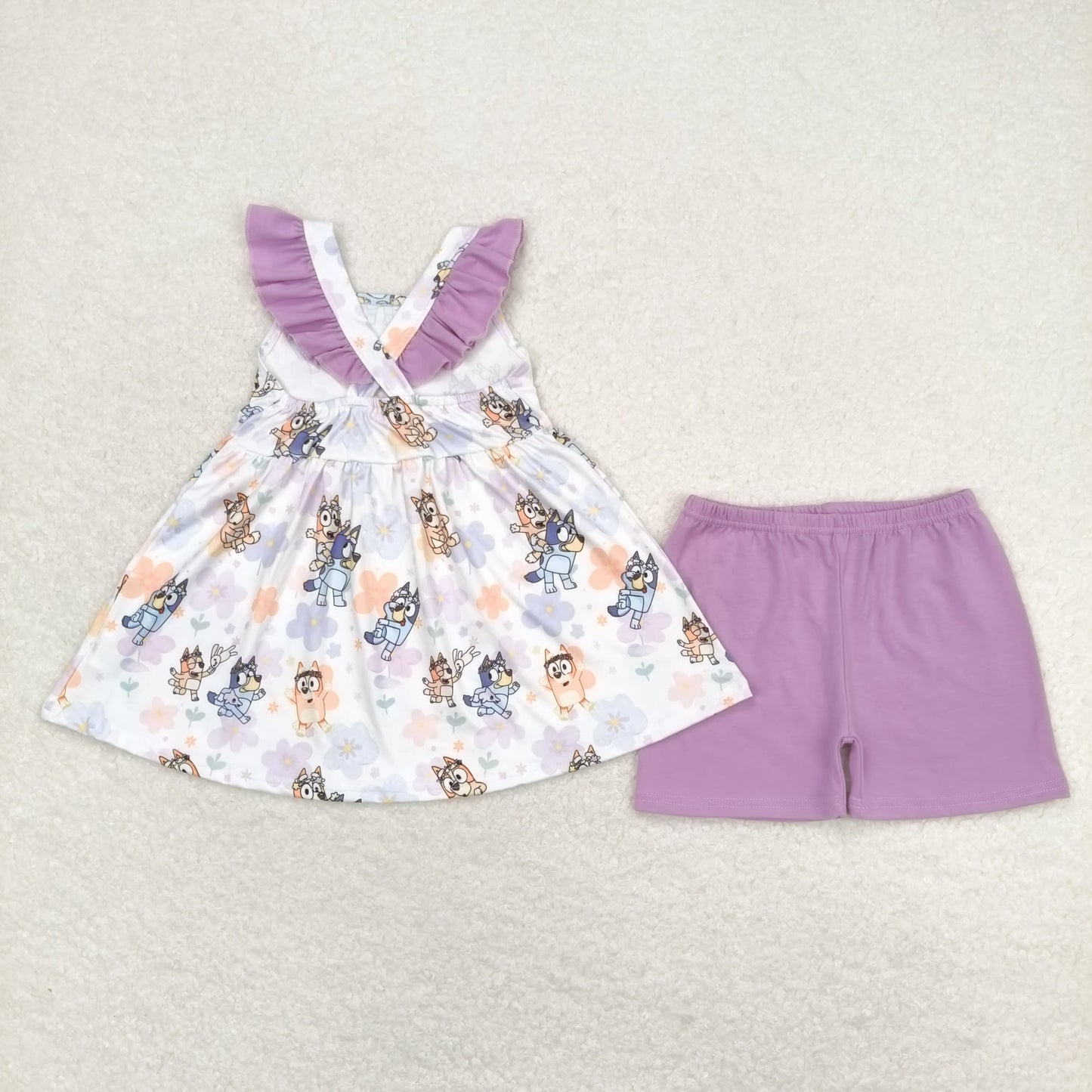 rts no moq GSSO0998 bluey flower purple flying sleeve shorts suit