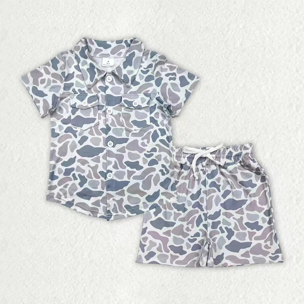 RTS NO MOQ Sibling baby boys clothes camouflage button short-sleeved shorts sets