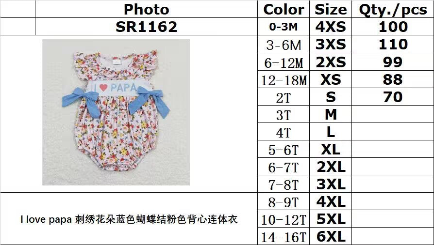 SR1162 I love papa embroidered flower blue bow pink tank top jumpsuit