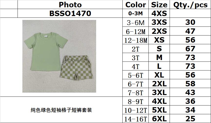 RTS NO MOQ BSSO1470 Pure green short-sleeved plaid shorts set