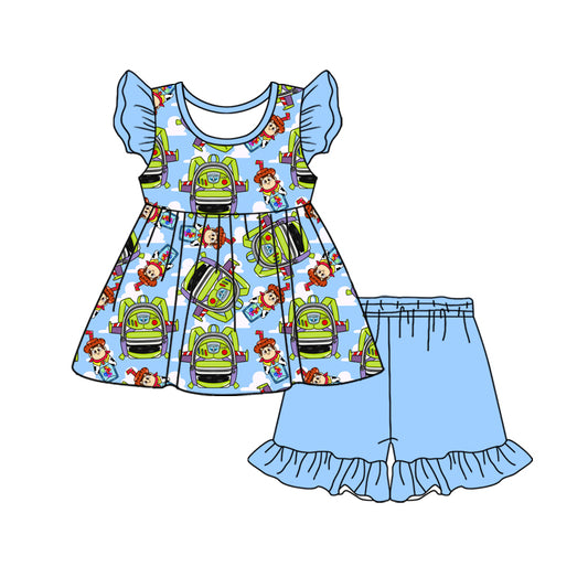 Custom moq 3 eta 7/8week moq 5 eta /4/5week baby girl clothes cartoon flying Sleeve Top Shorts Set