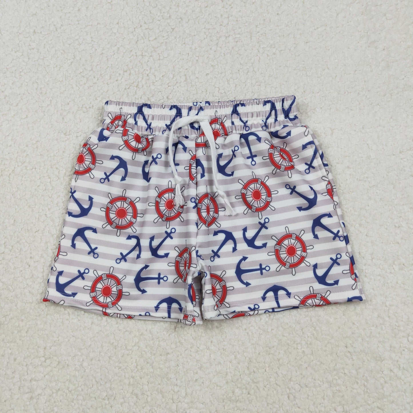 RTS NO MOQ（In Stock) Anchor and Ship's Wheel Gray Striped Swim Trunks