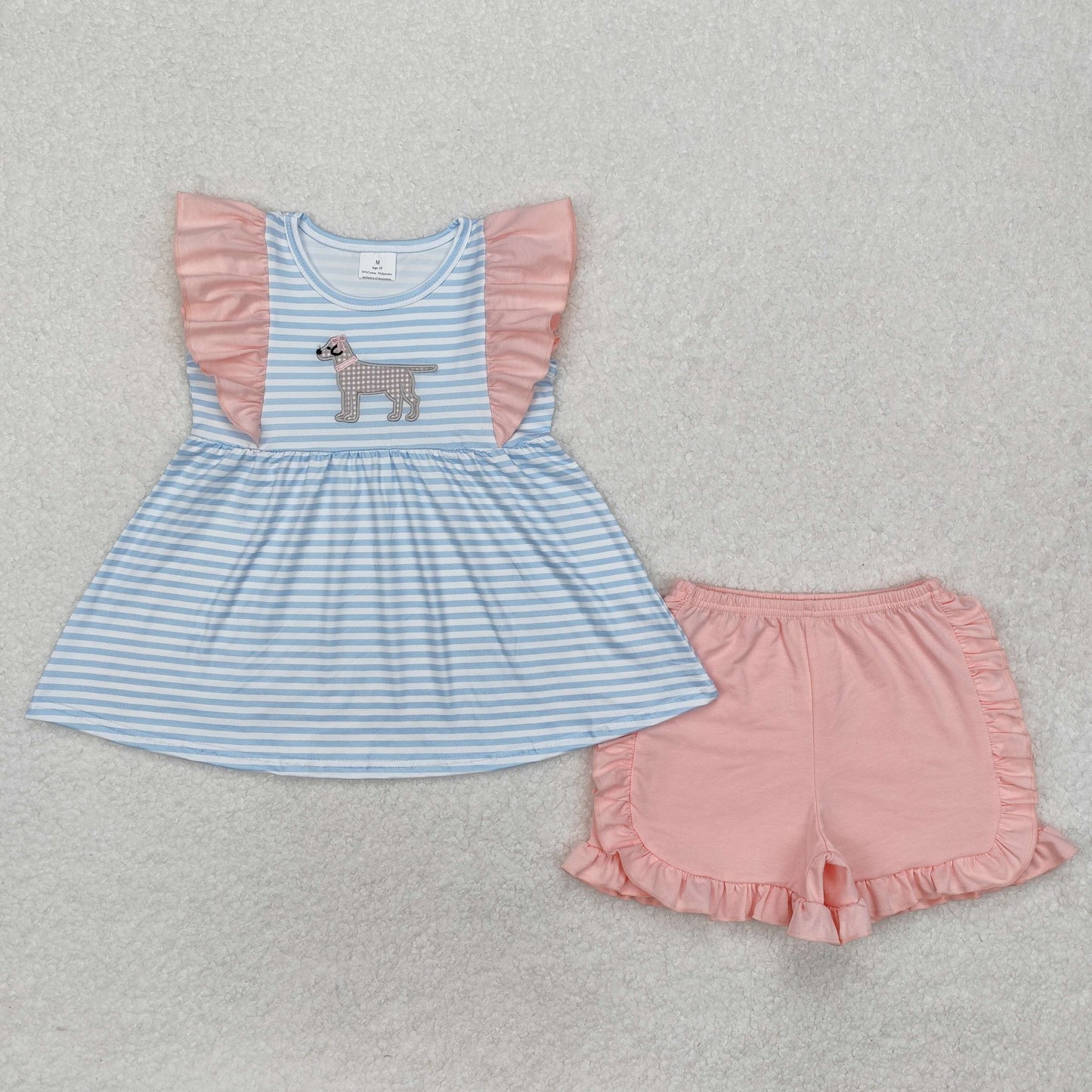 RTS NO MOQ ETA 5/7days Arrived GSSO1563 Embroidered puppy blue stripes pink lace sleeveless shorts set