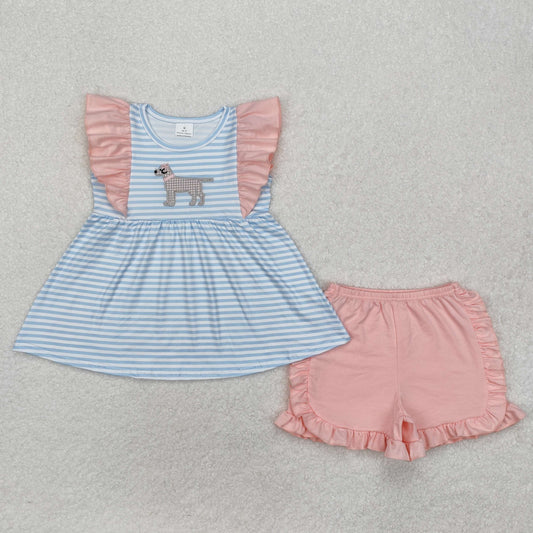 RTS NO MOQ ETA 5/7days Arrived GSSO1563 Embroidered puppy blue stripes pink lace sleeveless shorts set