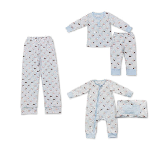 RTS NO MOQ Sky blue Santa Claus print white long-sleeved suit & long zip-up romper & adult trousers