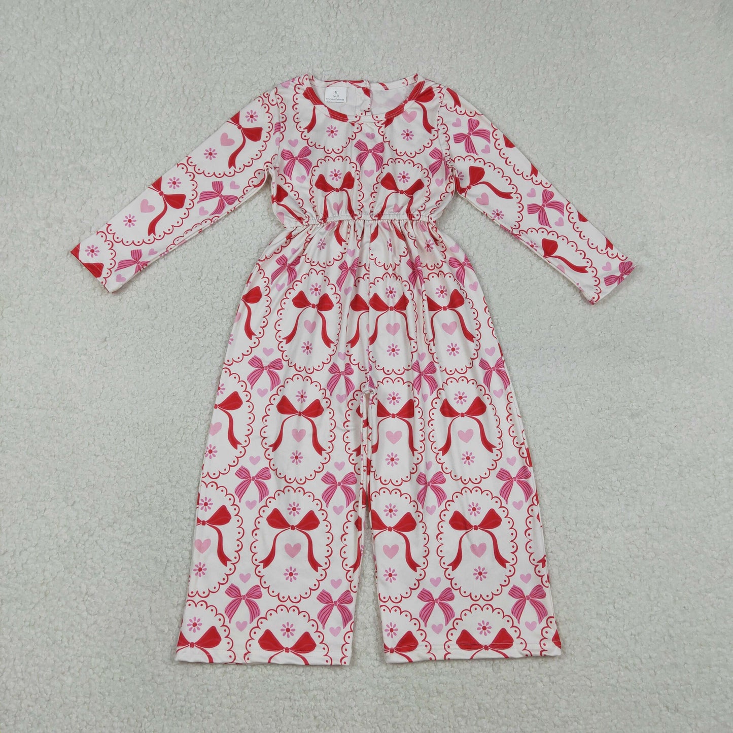 RTS NO MOQ（In Stock）Valentine's Day Heart and Bow Pattern Off-White Long-Sleeve Jumpsuit