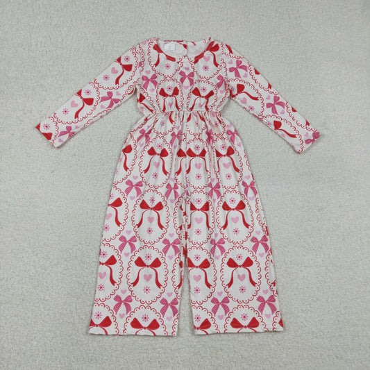 RTS NO MOQ（In Stock）Valentine's Day Heart and Bow Pattern Off-White Long-Sleeve Jumpsuit