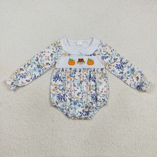 RTS NO MOQ（In Stock) LR2246 Embroidered pumpkin scarecrow, flowers, and leaves, doll collar long-sleeved bodysuit