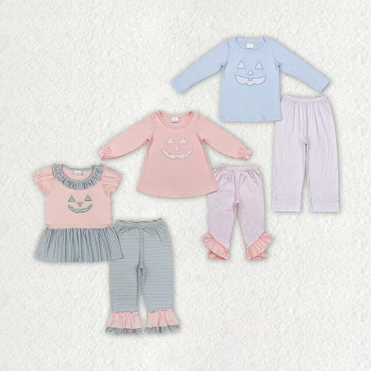 RTS NO MOQ Embroidered Pumpkin Smiley Face Long Sleeve Suit & Short Sleeve Suit