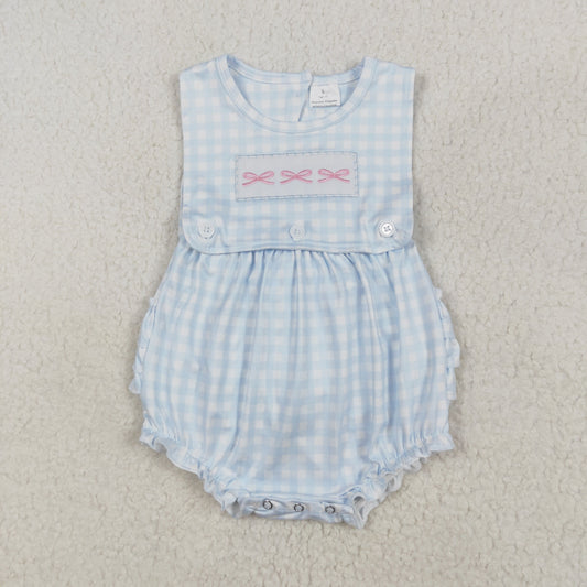 RTS NO MOQ ETA 5/7days arrived SR2203 Embroidered pink bow blue plaid vest jumpsuit