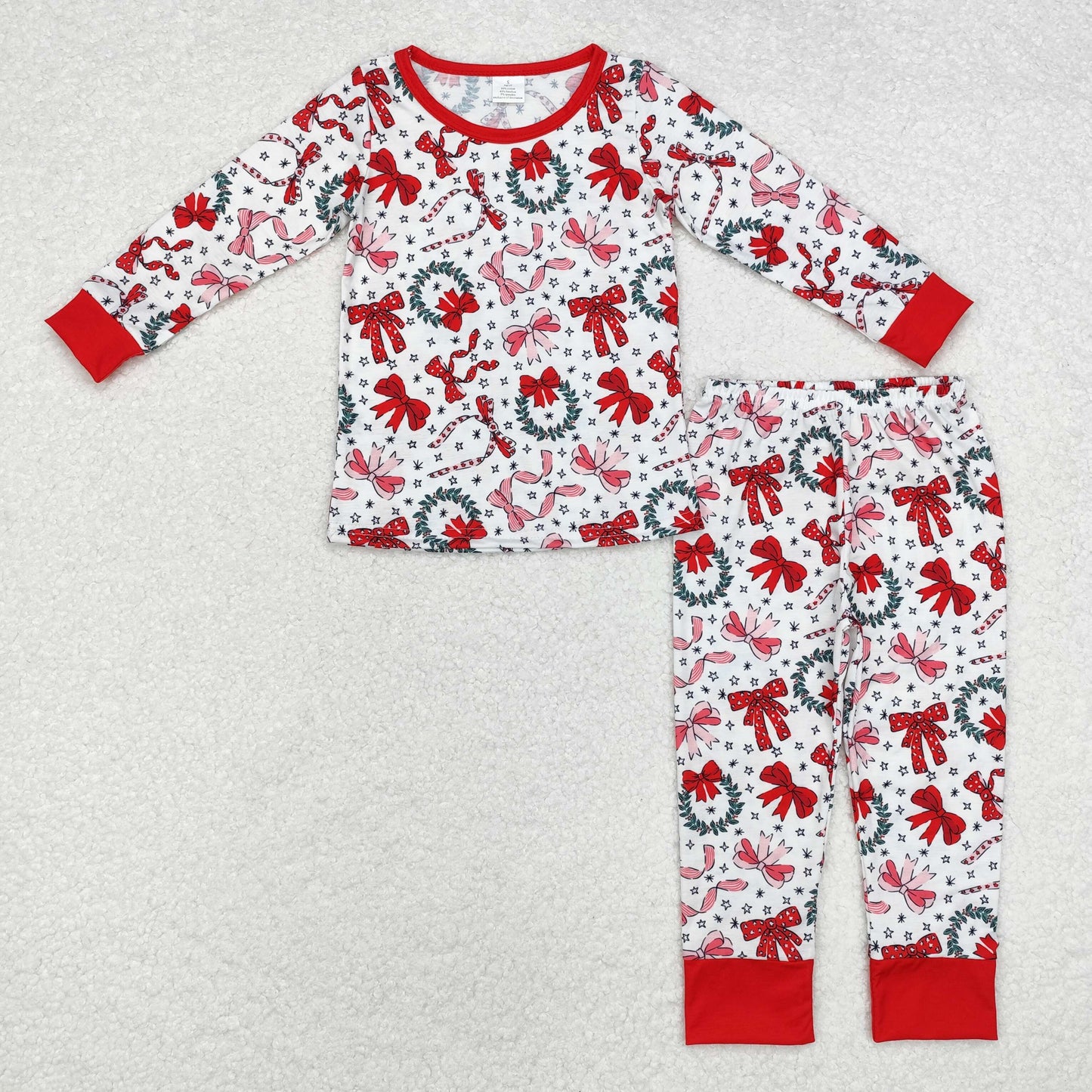 BAMBOO RTS NO MOQ ETA 5/7days GLP1879 Modal Christmas star wreath bow pattern red and white long-sleeved pants pajamas set