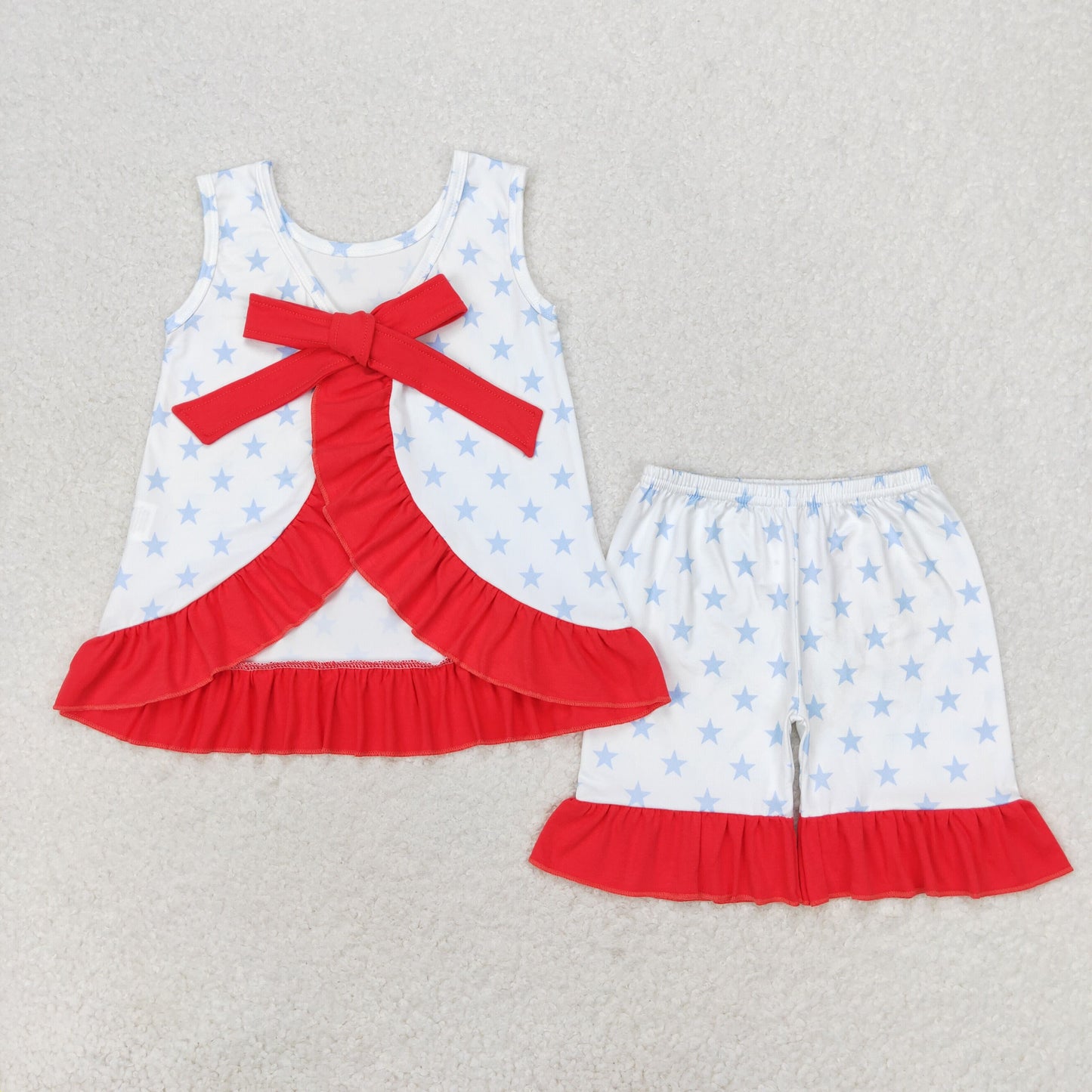 RTS no moq GSSO1217 Star red lace bow white sleeveless shorts set