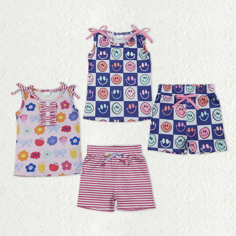 RTS Sibling baby girl clothes floral smiley Short Sleeve Shorts sets