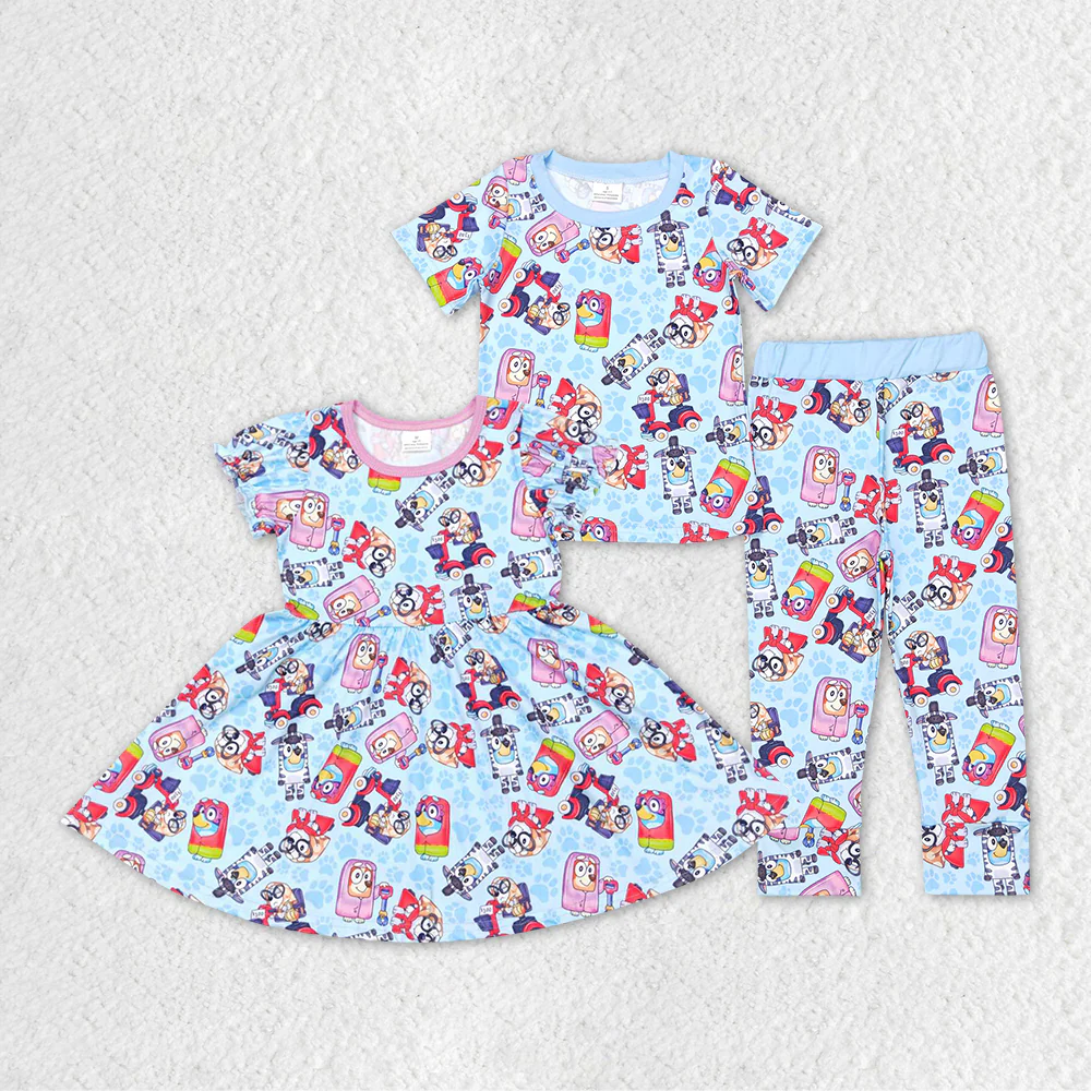 Baby Boys Blue Dogs Short Sleeve Sibling Girls Dress Sets