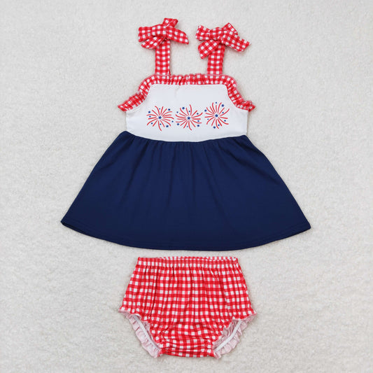 GBO0330 Firework red and white plaid lace navy blue suspender briefs suit