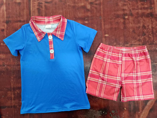 custom moq 5 eta 5weeks mix size summer boys blue short sleeve red grid shorts sets