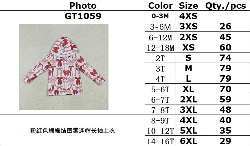 RTS NO MOQ GT1059 Pink bow pattern hooded long-sleeved top