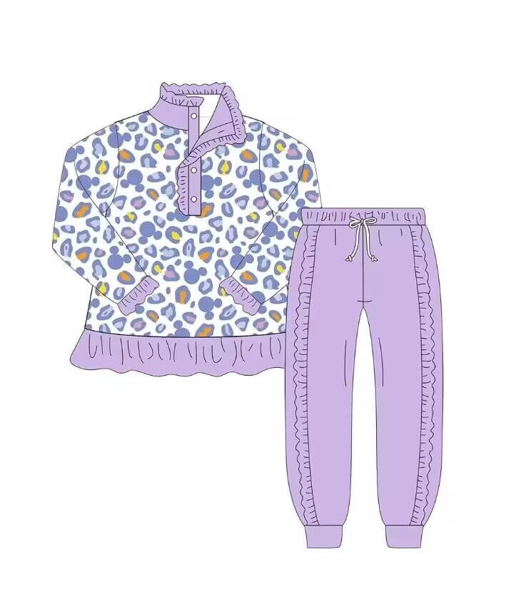 custom moq 5 eta 5-6weeks Girls purple Leopard Long Sleeve Pants Set