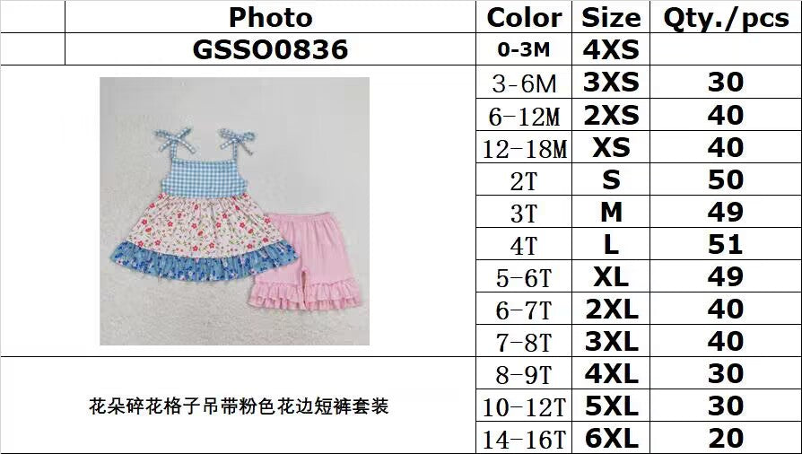 GSSO0836 Floral plaid suspenders pink lace shorts suit
