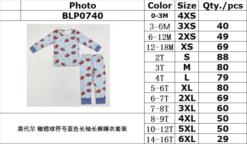 BAMBOO RTS NO MOQ ETA 5/7days Arrived BLP0740 Modal rugby symbol blue long sleeve trousers pajama set