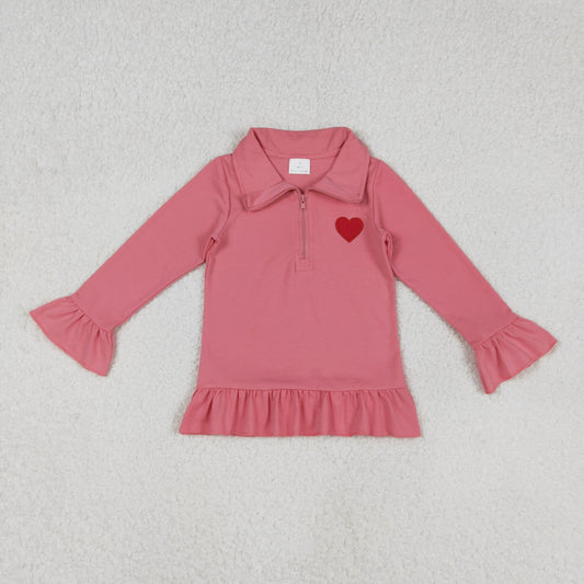 RTS NO MOQ（In Stock) GT1271 Embroidered Red Heart Pink Lace Zipper Long-Sleeved Top