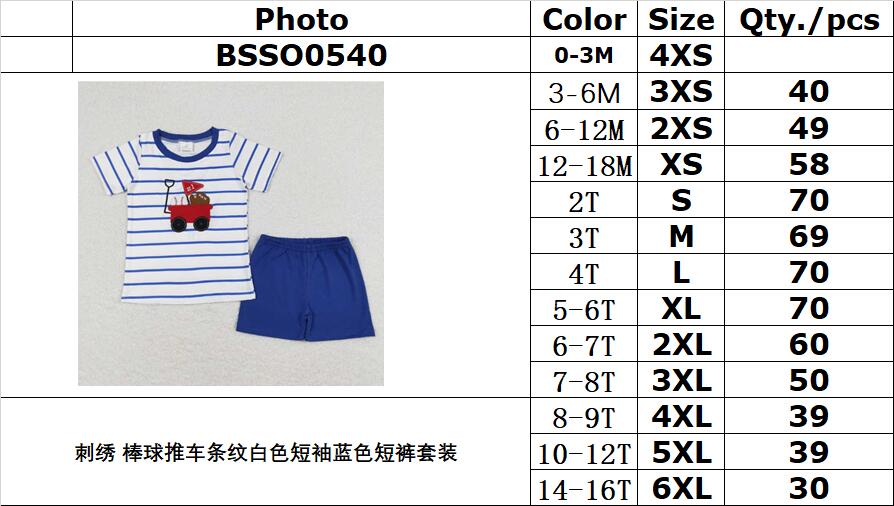 BSSO0540 Embroidered Baseball Cart Stripe White Short Sleeve Blue Shorts sets