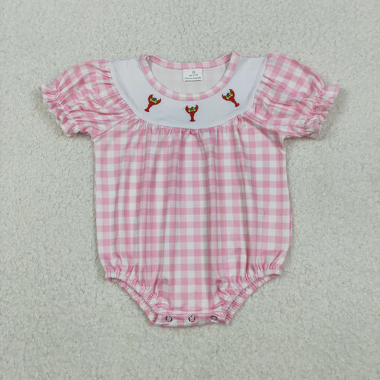 RTS NO MOQ（In Stock) SR3256 Embroidered Carnival Lobster Pink and White Plaid Short-Sleeved Jumpsuit