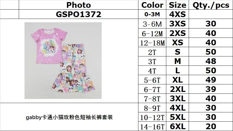 GSPO1372 gabby cartoon kitten rose pink short-sleeved trousers suit