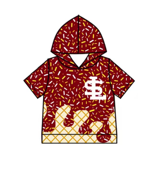 Custom moq 5 mix size milk silk summer teams baby boys clothes brick red hooded short sleeve shorts sets and top and shorts