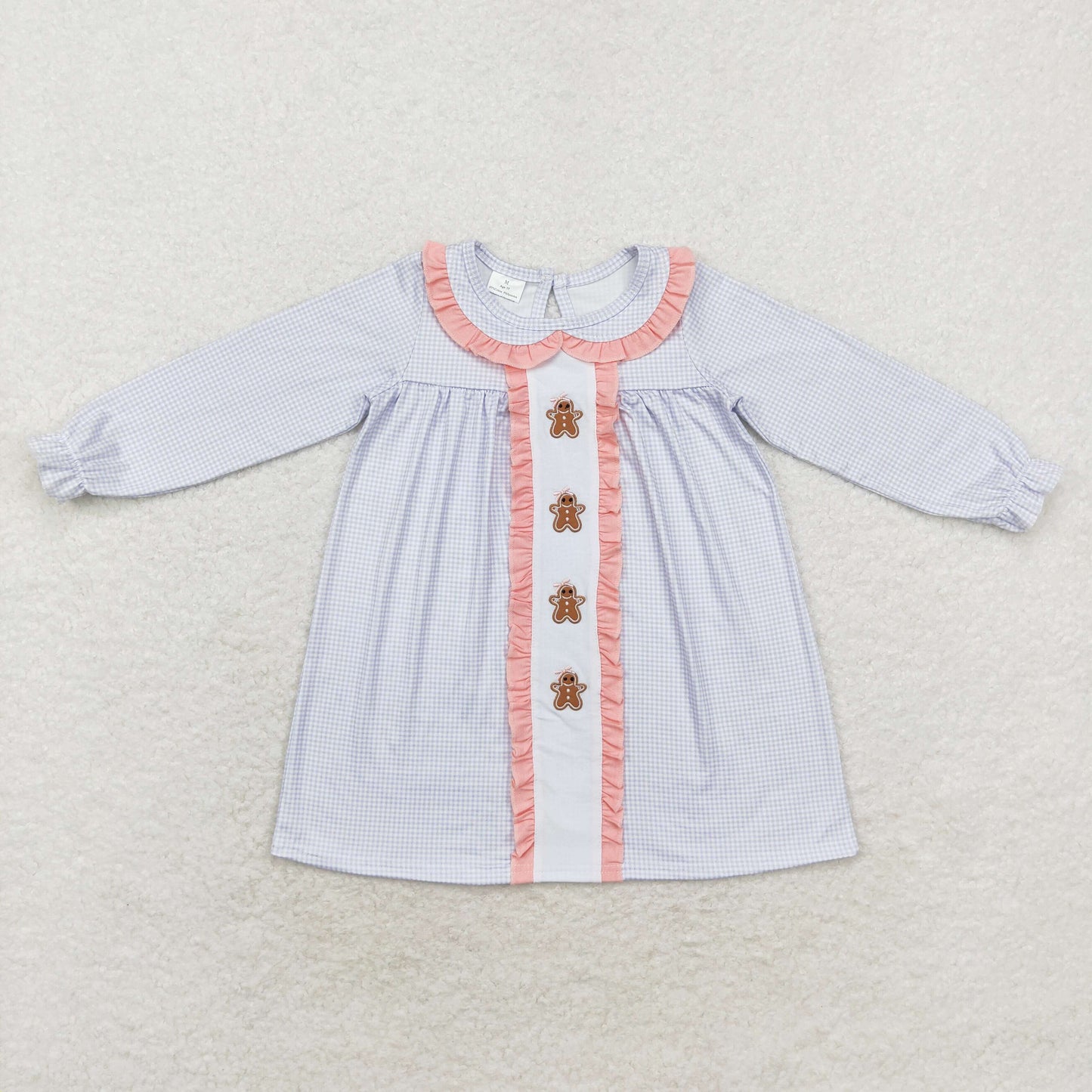 rts no moq GLD0571 Embroidered gingerbread man pink lace doll collar blue plaid long-sleeved dress