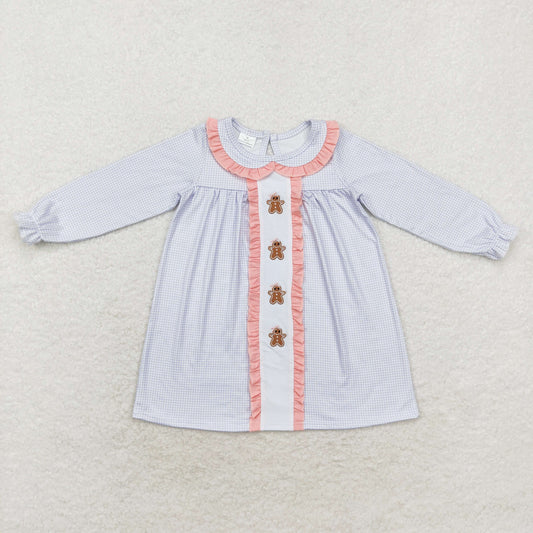 rts no moq GLD0571 Embroidered gingerbread man pink lace doll collar blue plaid long-sleeved dress