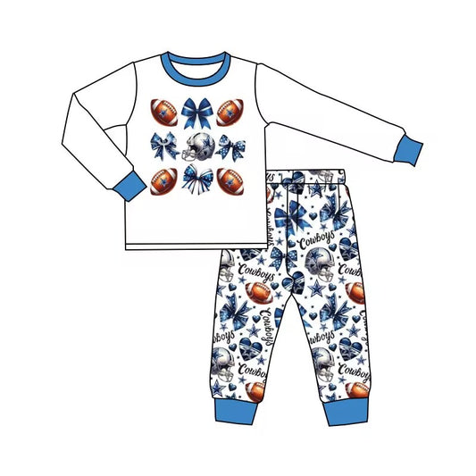 Custom moq 3 eat about 6/8weeks moq 5 eta 5/6weeks baby boys clothes bow rugby white and blue long sleeve pants pajamas outfits