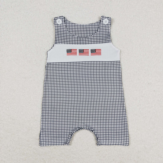 RTS no moq SR1001 Embroidered flag black and white plaid sleeveless jumpsuit