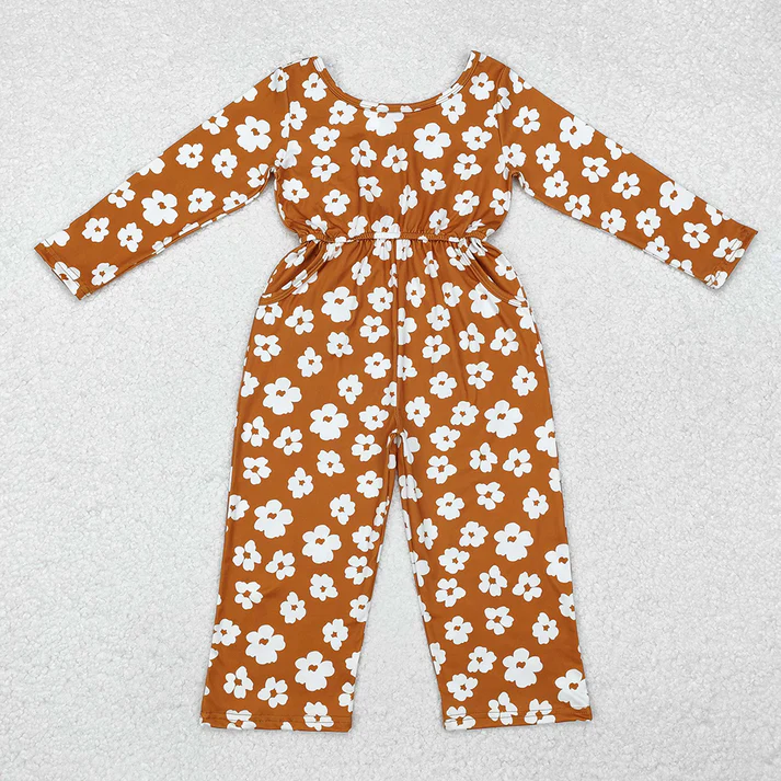 RTS NO MOQ Baby Girls Groovy Flowers Long Sleeve Fall Jumpsuits