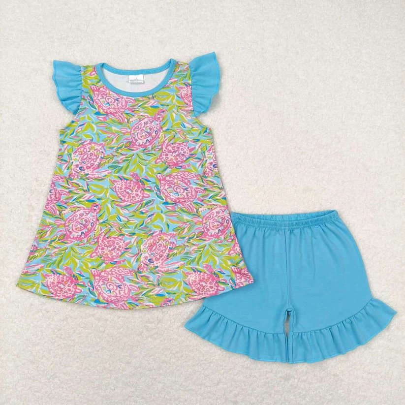 RTS NO MOQ Baby Girl Summer Pattern Short Sleeve Shorts Sets