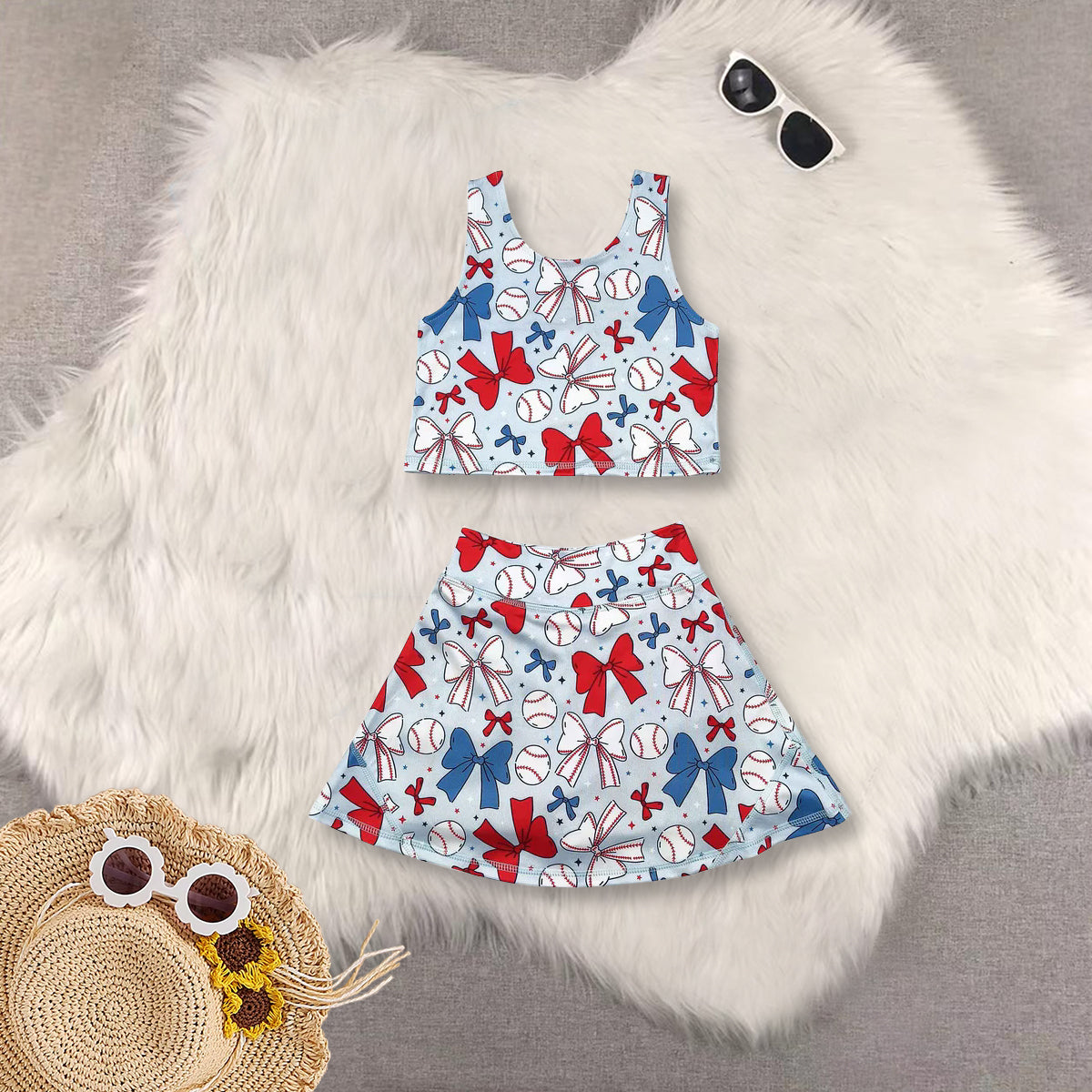 RTS NO MOQ Sibling baby girl clothes baseball sleeveless skirt yoga set