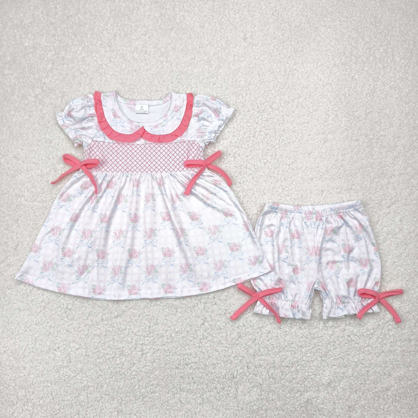 RTS NO MOQ GSSO2368 Embroidered flower blue bow pattern pink plaid doll collar short-sleeved shorts set