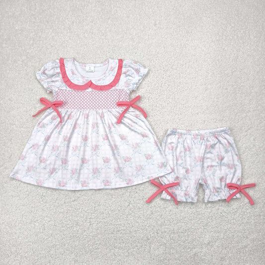 RTS NO MOQ GSSO2368 Embroidered flower blue bow pattern pink plaid doll collar short-sleeved shorts set