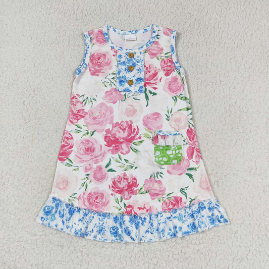 RTS no moq GSD1154 flower blue floral lace pocket sleeveless dress