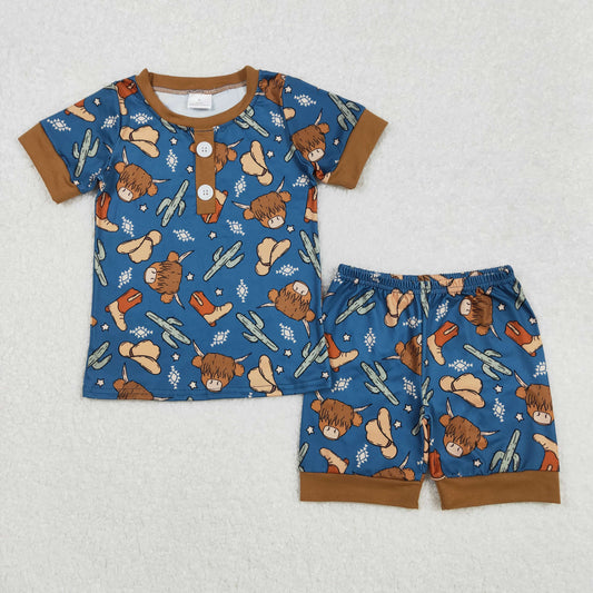 RTS NO MOQ ETA 5/7days Arrived BSSO1232 Alpine bull head cactus boots geometric pattern brown and blue short sleeve shorts pajama set