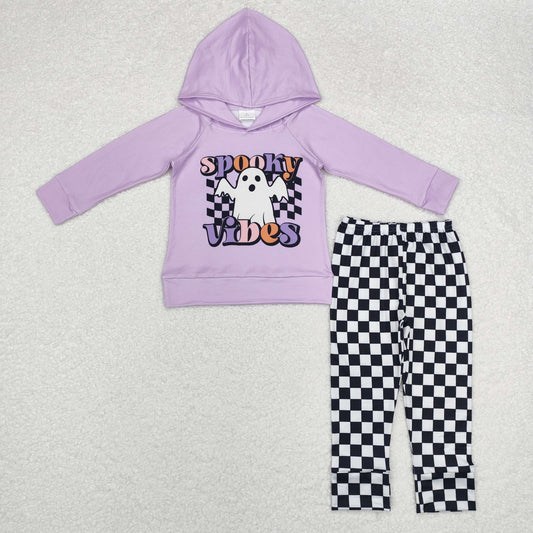 rts no moq BLP0792 SPOOKY ghost purple long-sleeved top black and white plaid trousers set