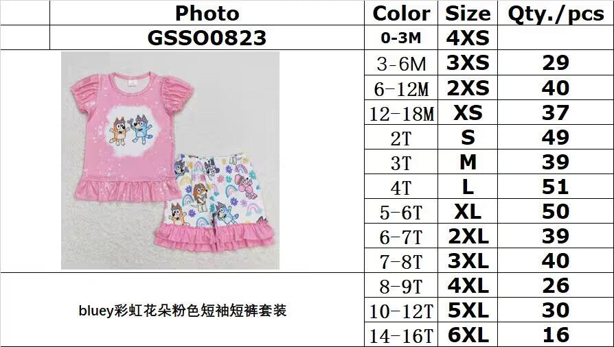 GSSO0823 bluey rainbow flower pink short-sleeved shorts suit