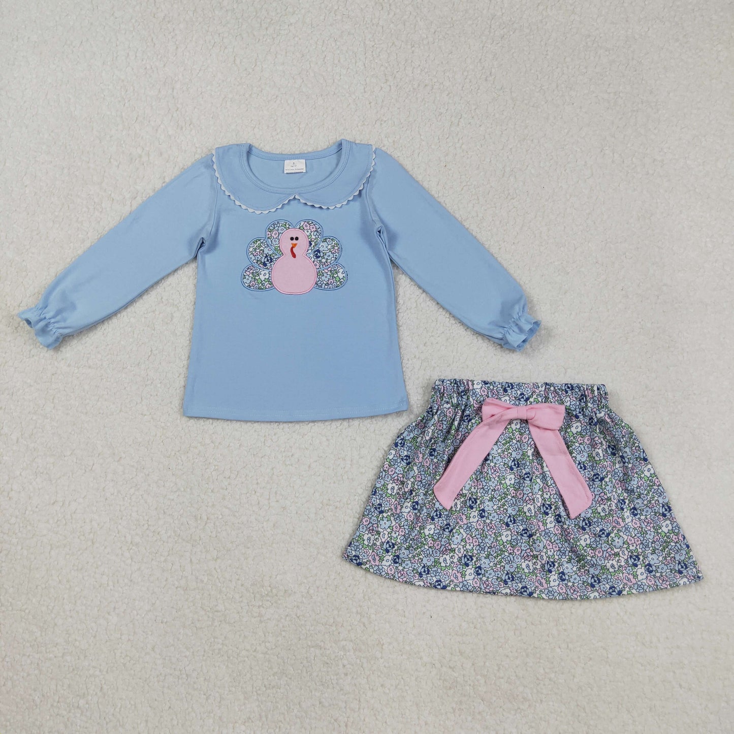 RTS NO MOQ（In Stock) GLD0849 Embroidered floral turkey blue long-sleeved skirt set with a doll collar