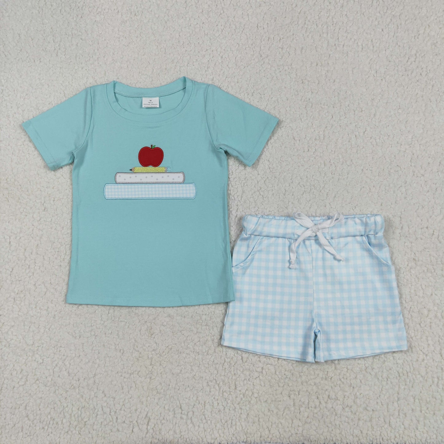 RTS NO MOQ BSSO1329 Embroidery Back to School Apple Pencil Light Green Short Sleeve Blue Plaid Shorts Set