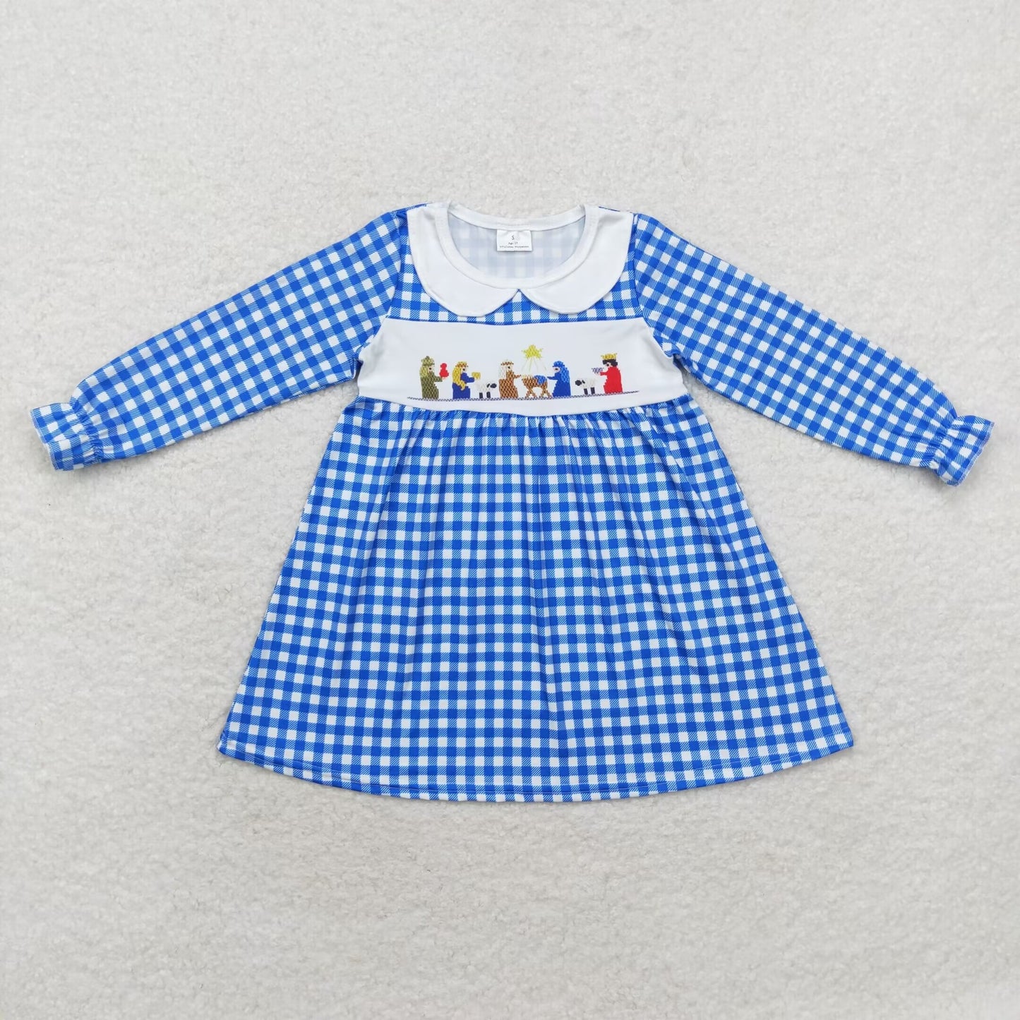 rts no moq GLD0647 Blue plaid long-sleeved dress with Jesus doll collar