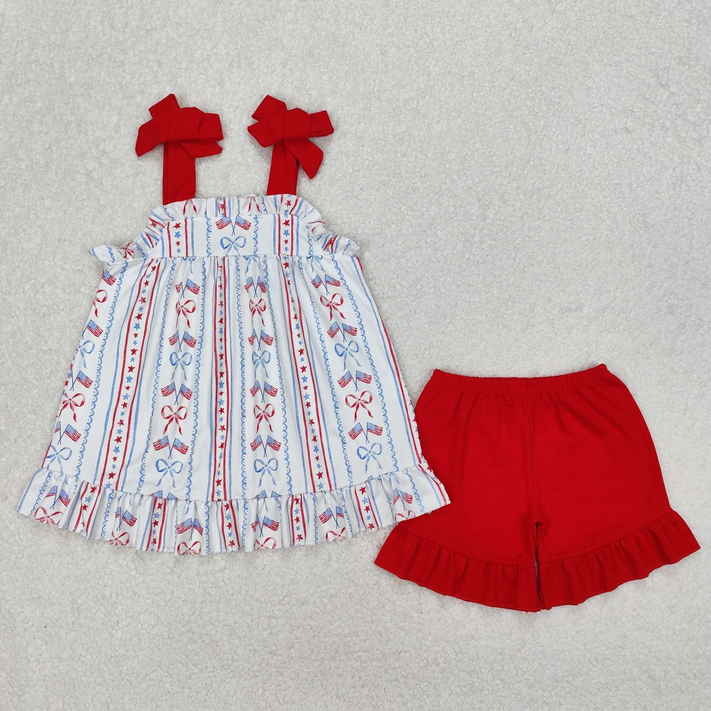 RTS NO MOQ ETA 5/7days Arrived GSSO1786 national day flag bow pattern striped suspenders red shorts set