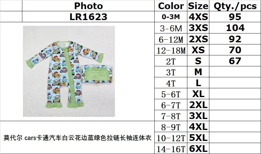 BAMBOO RTS NO MOQ ETA 5/7days Arrived LR1623 Modal cars cartoon car white cloud lace blue green zipper long sleeve jumpsuit