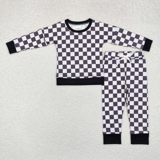 RTS NO MOQ（In Stock) BLP0786 Black and white plaid long-sleeved trousers pajama suit